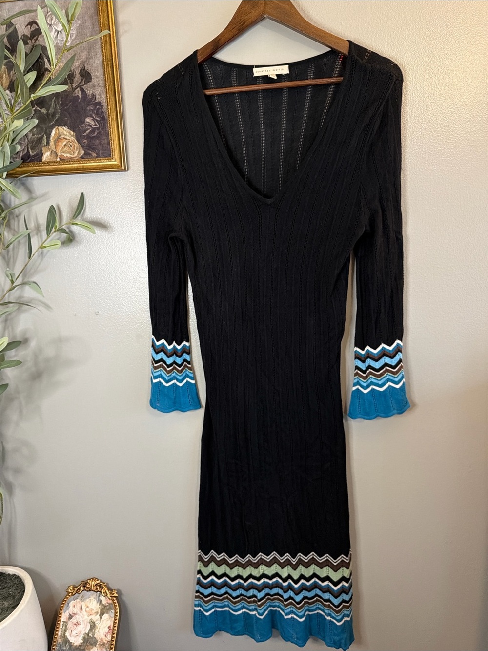 Jonathan Martin Knit Sweater Dress XL | Y2K Chevron Trim Midi Dress - Picture 2 of 6